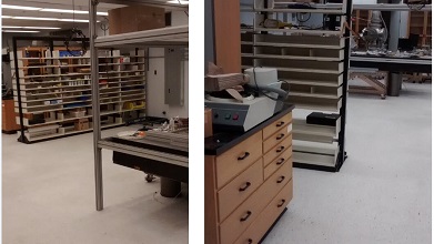 Two photos of a lab space. Lots of shelving is shown. A corner of an optical table is seen .